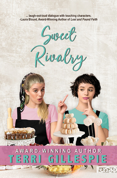 Sweet Rivalry book cover. Two young ladies and  baked desserts. 