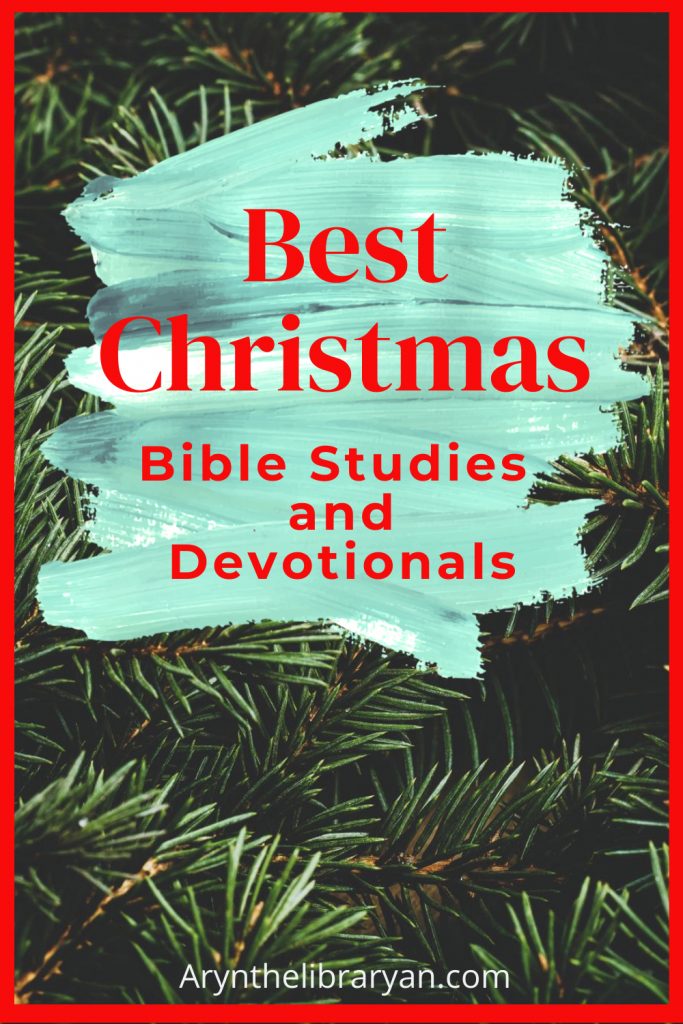 Pine branches, swash of blue paint, text: Best Christmas Bible Studies and Devotionals: