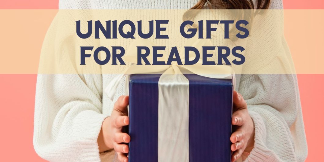 Unique gifts for Readers. Pink background, woman in white sweater holding a blue gift package